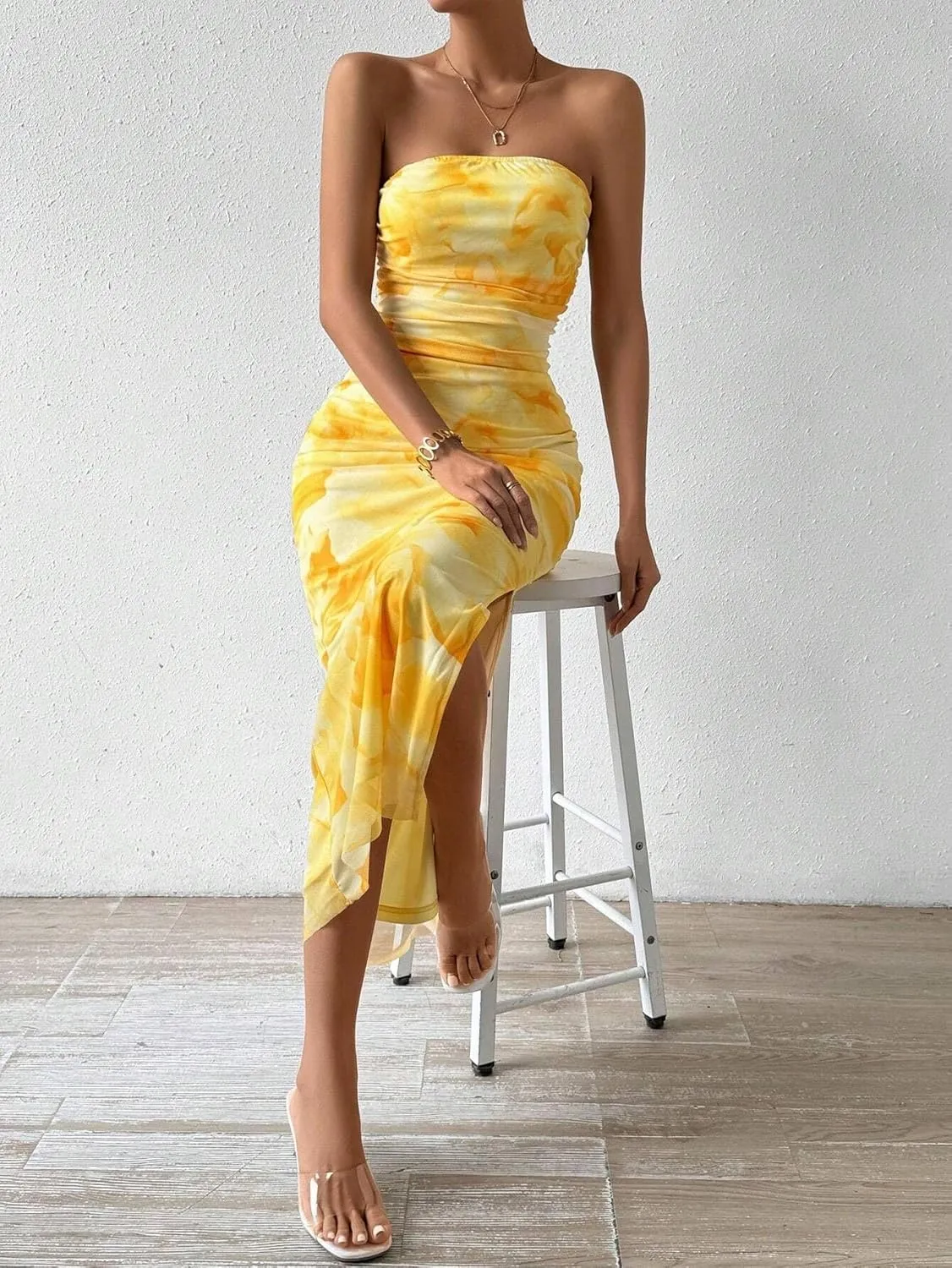 Women's Mesh Floral Strapless Bodycon Maxi Dress Ruched Long Tube Dresses Summe Sexy Party Club Dress Y2K Dresses