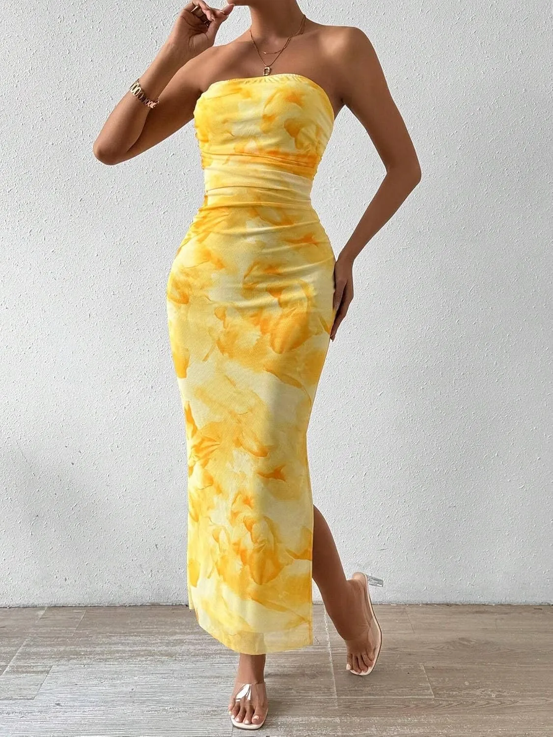 Women's Mesh Floral Strapless Bodycon Maxi Dress Ruched Long Tube Dresses Summe Sexy Party Club Dress Y2K Dresses
