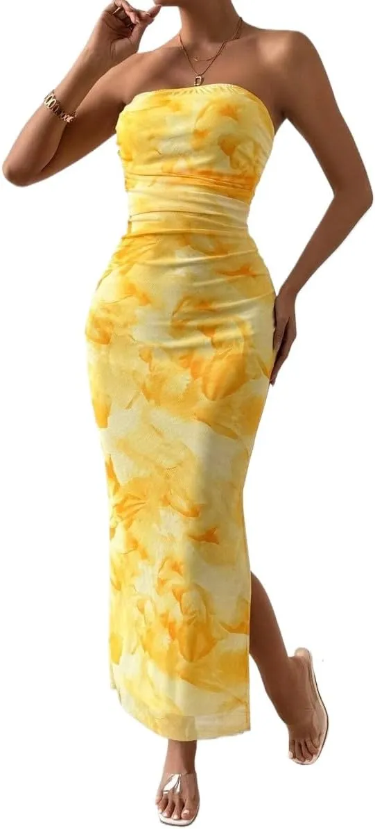 Women's Mesh Floral Strapless Bodycon Maxi Dress Ruched Long Tube Dresses Summe Sexy Party Club Dress Y2K Dresses
