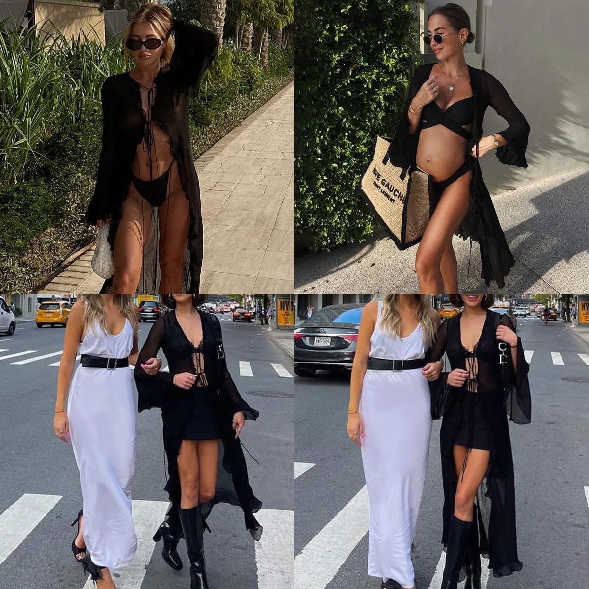 Women's Mesh Sheer Long Flared Sleeve Cardigan Maxi Dress Lace Up Ruffles See Through Beach Cover Ups Party Clubwear