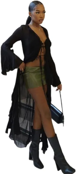 Women's Mesh Sheer Long Flared Sleeve Cardigan Maxi Dress Lace Up Ruffles See Through Beach Cover Ups Party Clubwear