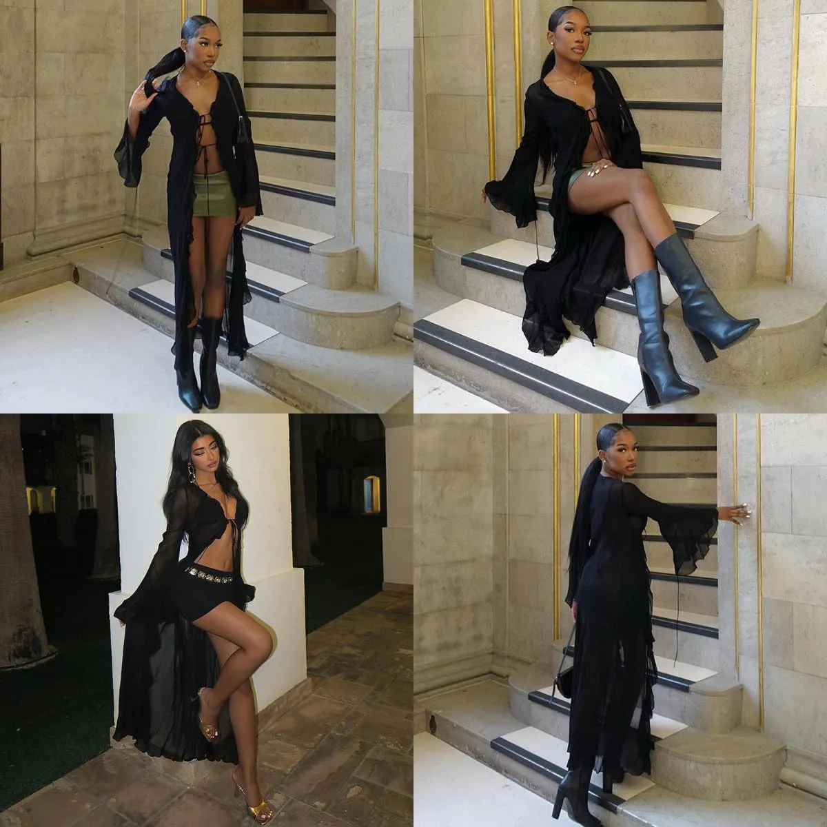 Women's Mesh Sheer Long Flared Sleeve Cardigan Maxi Dress Lace Up Ruffles See Through Beach Cover Ups Party Clubwear