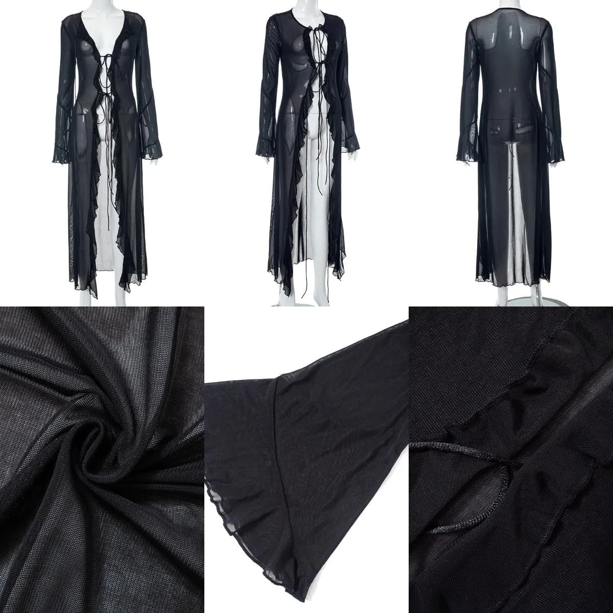 Women's Mesh Sheer Long Flared Sleeve Cardigan Maxi Dress Lace Up Ruffles See Through Beach Cover Ups Party Clubwear