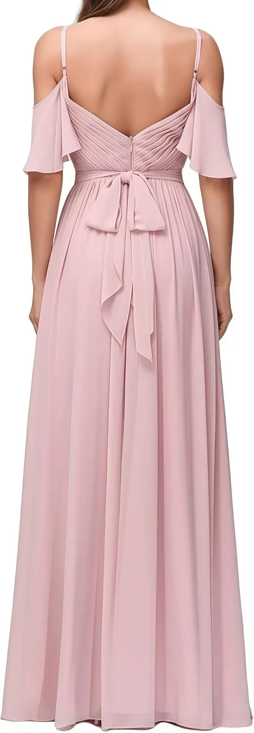 Women's Off The Shoulder Bridesmaid Dresses Long Pleated Chiffon A Line Formal Evening Gown with Slit
