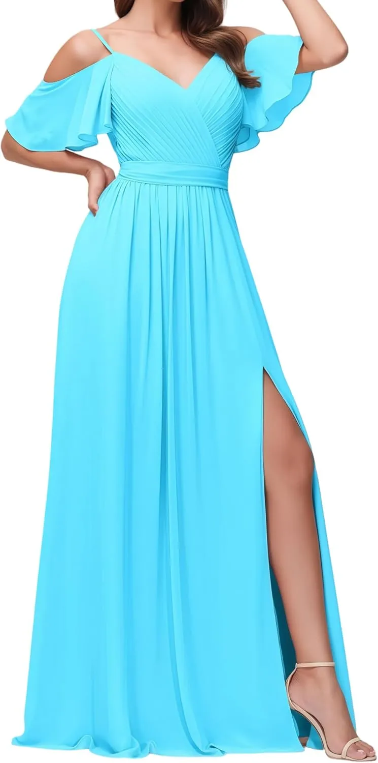 Women's Off The Shoulder Bridesmaid Dresses Long Pleated Chiffon A Line Formal Evening Gown with Slit