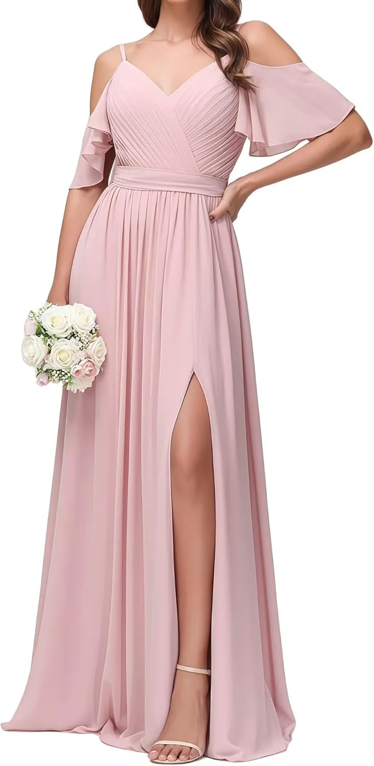 Women's Off The Shoulder Bridesmaid Dresses Long Pleated Chiffon A Line Formal Evening Gown with Slit