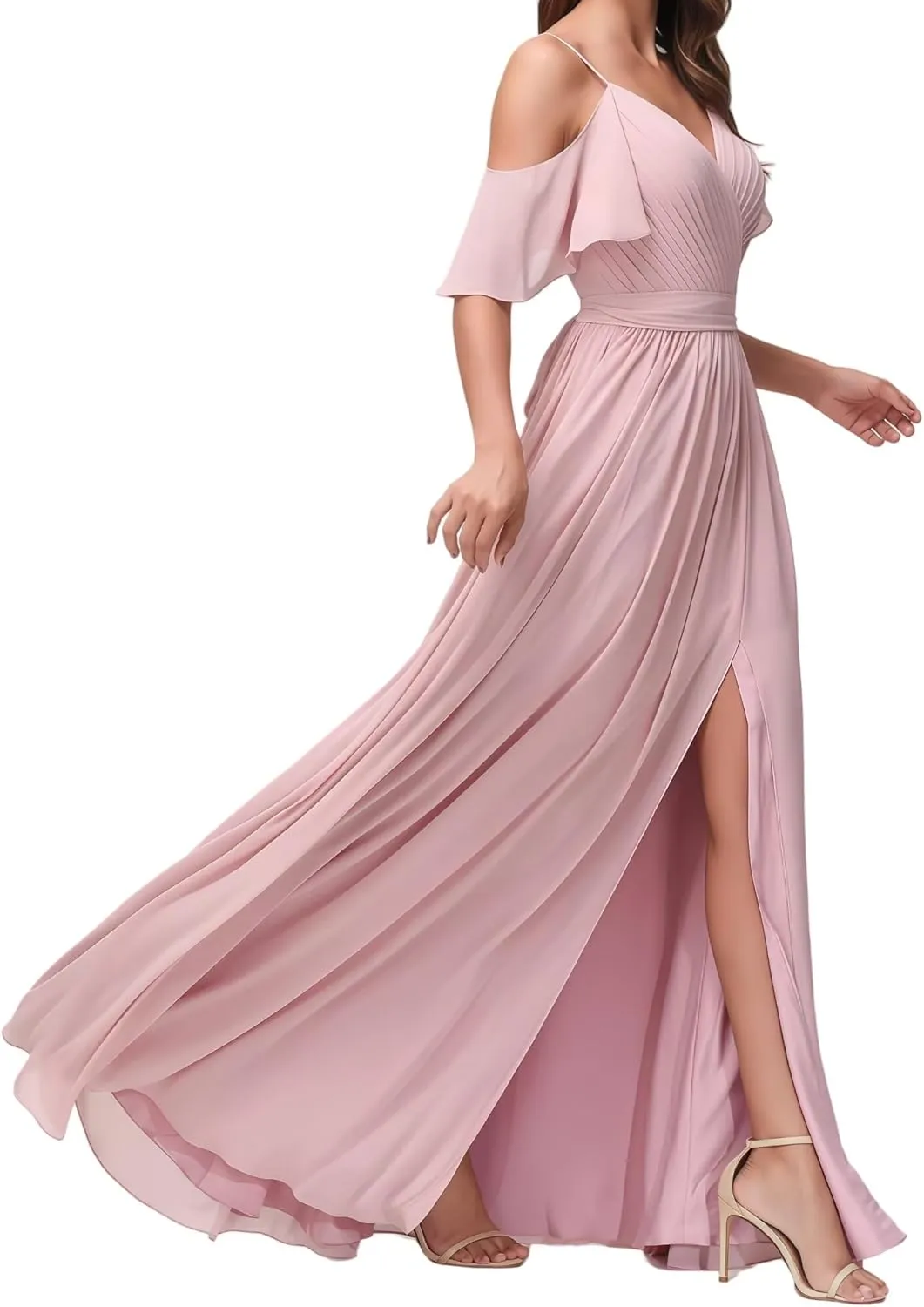 Women's Off The Shoulder Bridesmaid Dresses Long Pleated Chiffon A Line Formal Evening Gown with Slit