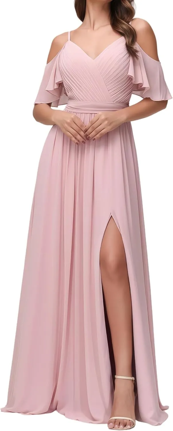 Women's Off The Shoulder Bridesmaid Dresses Long Pleated Chiffon A Line Formal Evening Gown with Slit