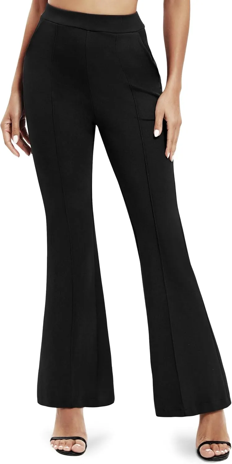 Women's Office Flared Leg Casual Yoga Pants Elastic High Waist Trousers with Pockets