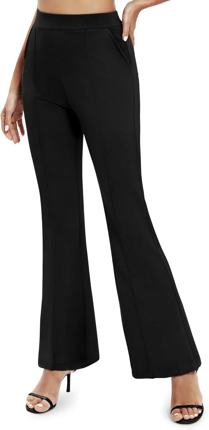 Women's Office Flared Leg Casual Yoga Pants Elastic High Waist Trousers with Pockets