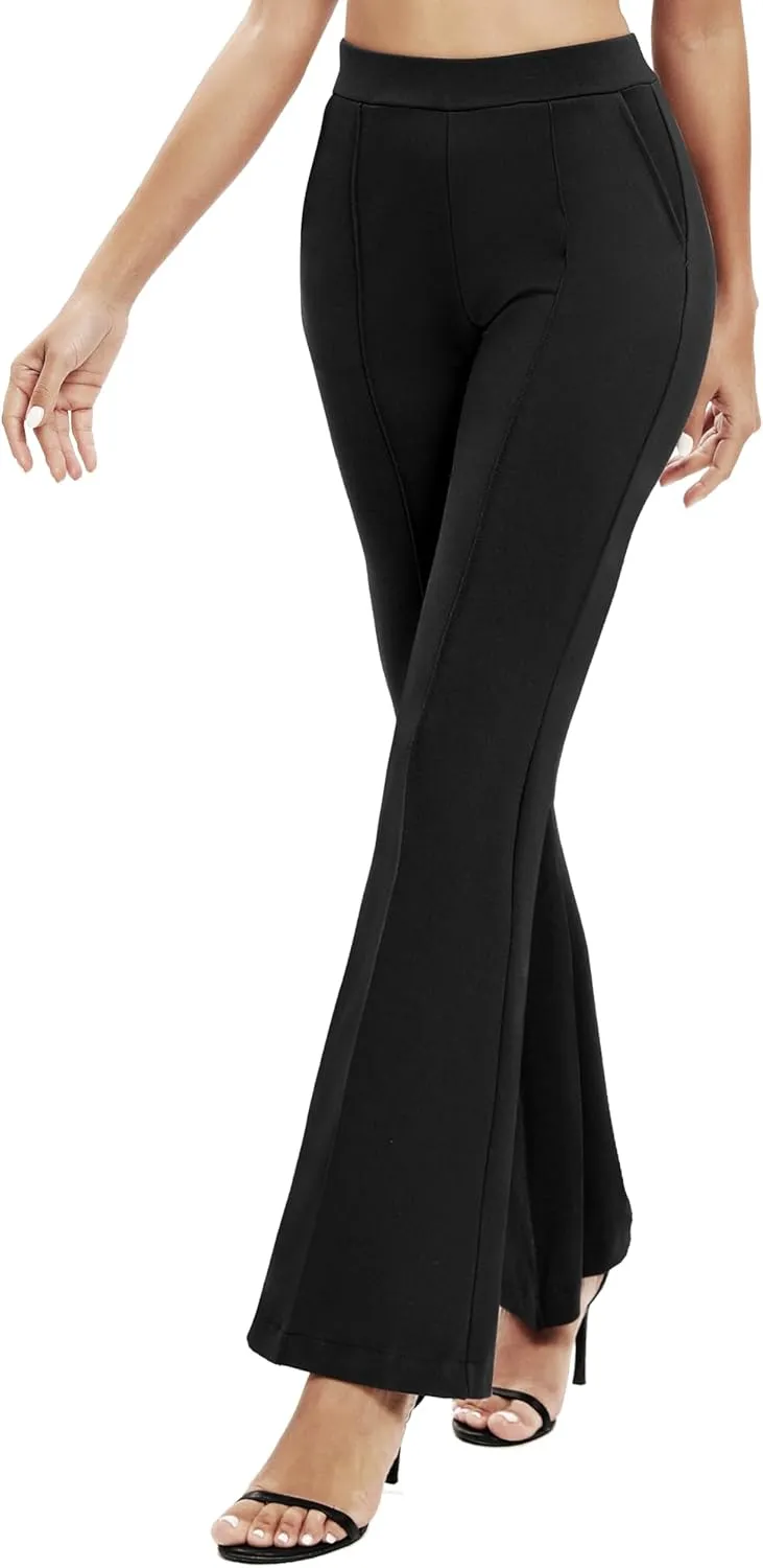 Women's Office Flared Leg Casual Yoga Pants Elastic High Waist Trousers with Pockets