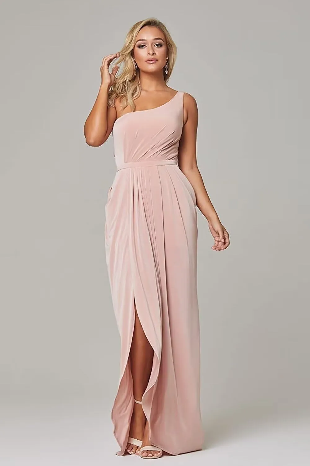 Womens One Shoulder Chiffon Evening Dress, Side Slit Wedding Guest Bridesmaid Dress Party Gown