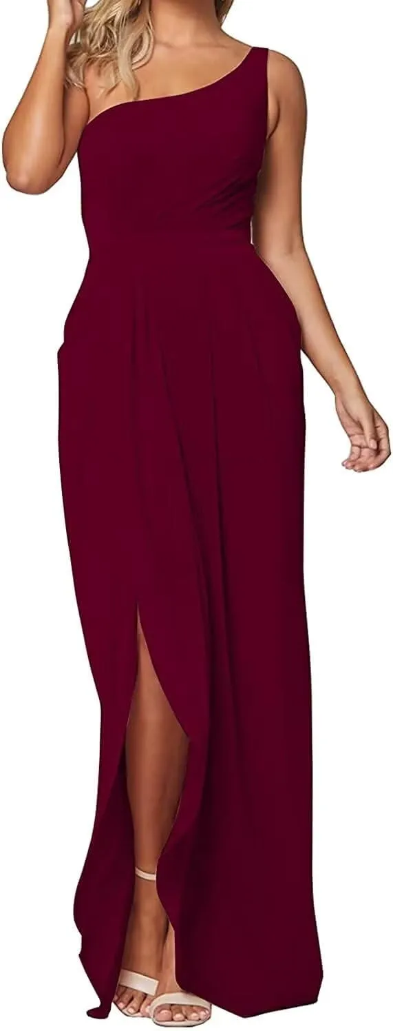Womens One Shoulder Chiffon Evening Dress, Side Slit Wedding Guest Bridesmaid Dress Party Gown