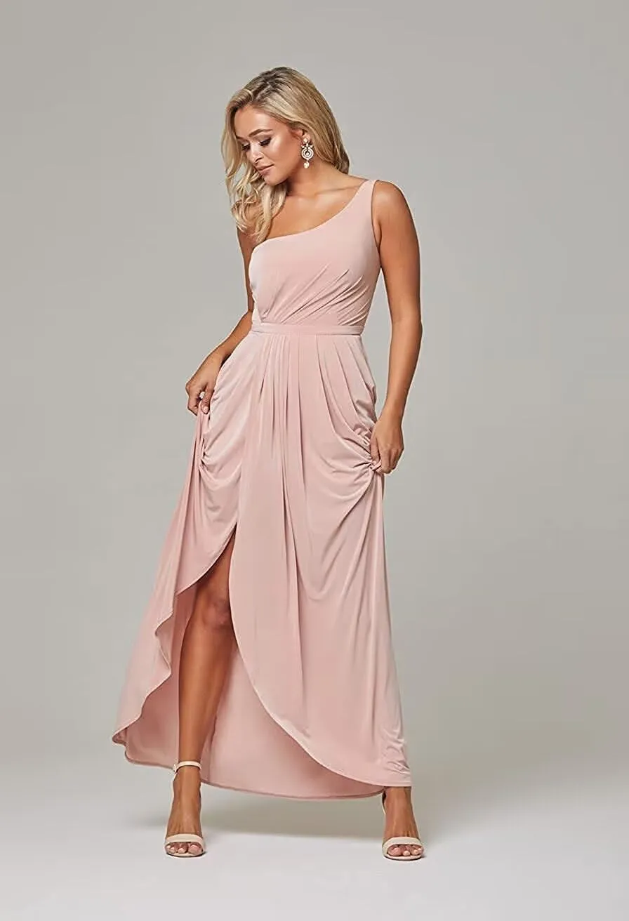 Womens One Shoulder Chiffon Evening Dress, Side Slit Wedding Guest Bridesmaid Dress Party Gown
