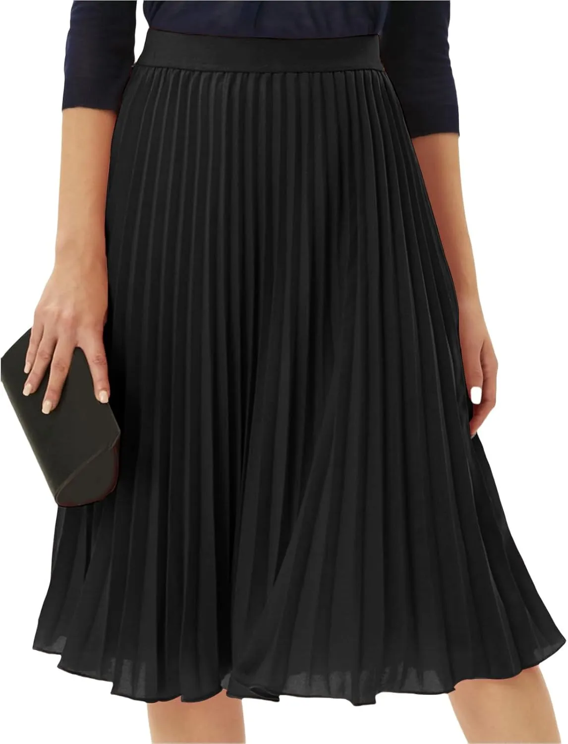 Womens Pleated Skirt Elastic High Waist Midi Skirts A Line Casual Flowy Skirts Knee Length Skirt Vacation Clothing