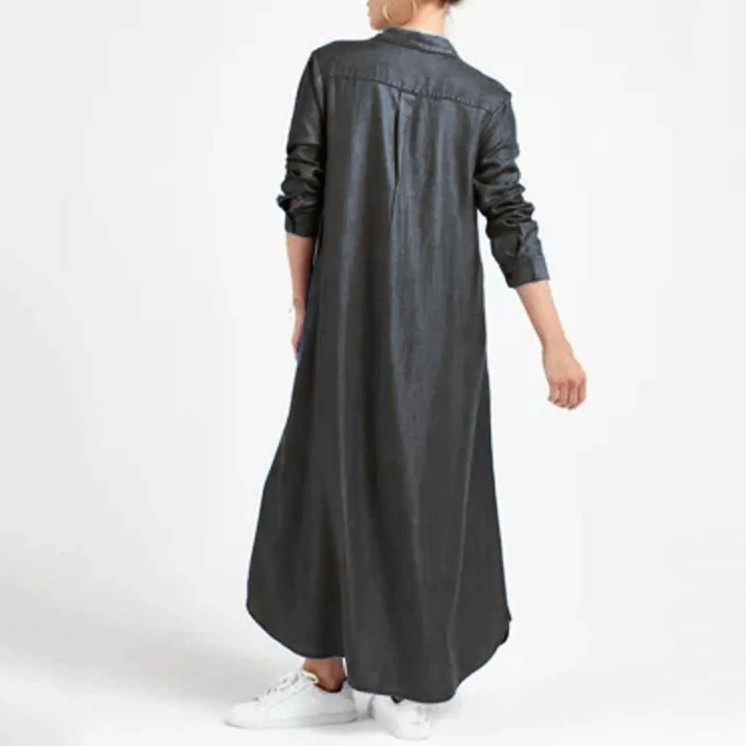 Womens Plus Size Dress Casual Loose Fit Collared V Neck Long Sleeve Maxi Dresses Solid Color Business Work Sundress