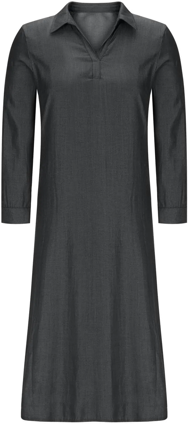 Womens Plus Size Dress Casual Loose Fit Collared V Neck Long Sleeve Maxi Dresses Solid Color Business Work Sundress