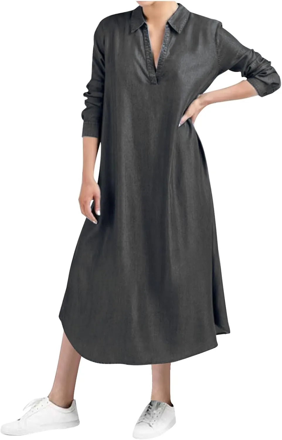 Womens Plus Size Dress Casual Loose Fit Collared V Neck Long Sleeve Maxi Dresses Solid Color Business Work Sundress