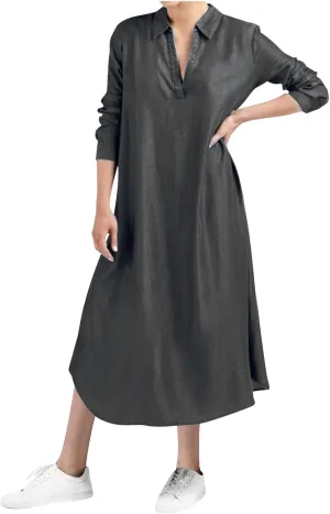 Womens Plus Size Dress Casual Loose Fit Collared V Neck Long Sleeve Maxi Dresses Solid Color Business Work Sundress