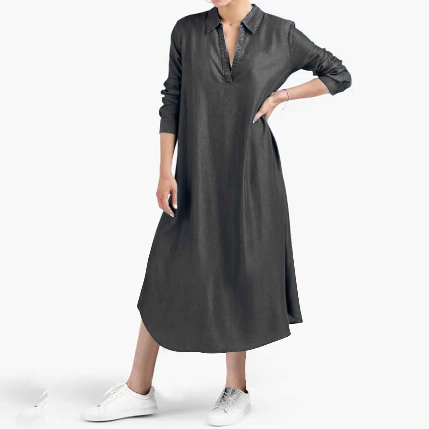 Womens Plus Size Dress Casual Loose Fit Collared V Neck Long Sleeve Maxi Dresses Solid Color Business Work Sundress