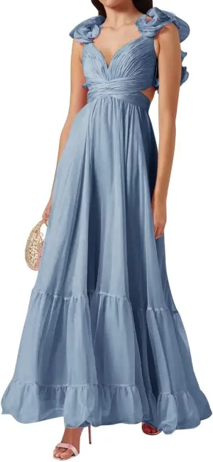 Women's Ruffle Chiffon Prom Dresses V Neck A Line Long Bridesmaid Dresses Tiered Backless Formal Evening Gown