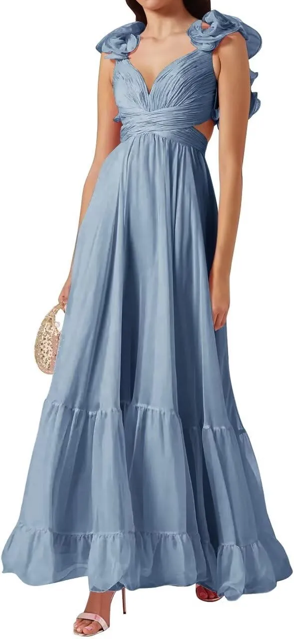 Women's Ruffle Chiffon Prom Dresses V Neck A Line Long Bridesmaid Dresses Tiered Backless Formal Evening Gown