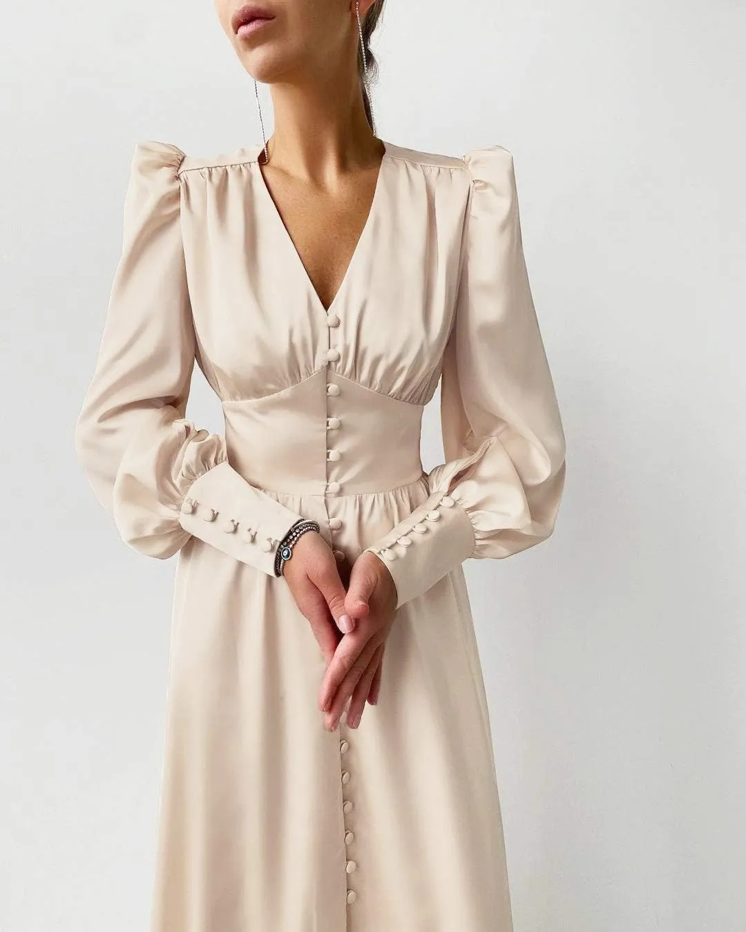 Women's Satin Dress Long Lantern Sleeves Silk Cocktail Dresses for Party V Neck Evening Gowns for 2024