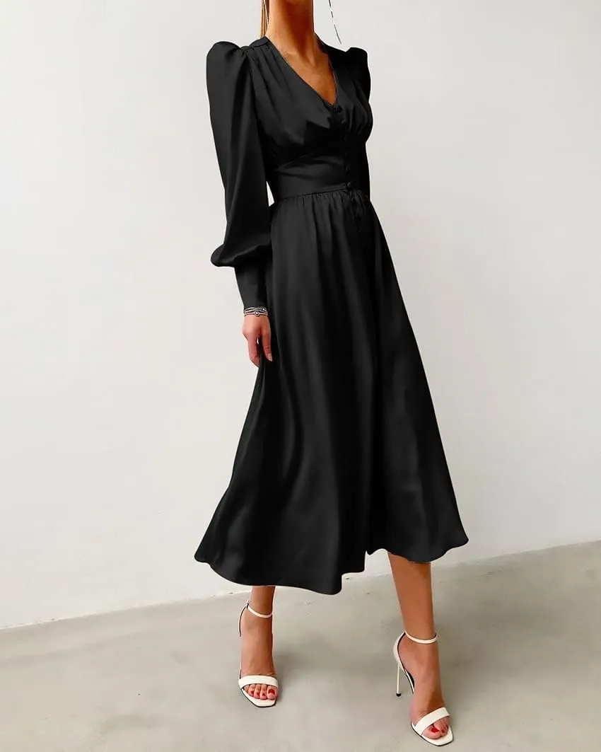 Women's Satin Dress Long Lantern Sleeves Silk Cocktail Dresses for Party V Neck Evening Gowns for 2024