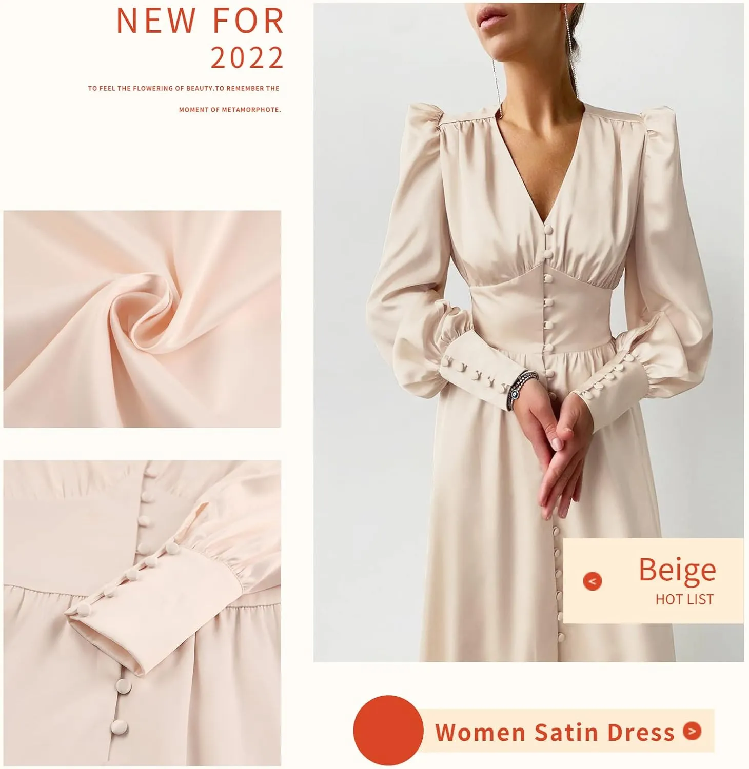 Women's Satin Dress Long Lantern Sleeves Silk Cocktail Dresses for Party V Neck Evening Gowns for 2024