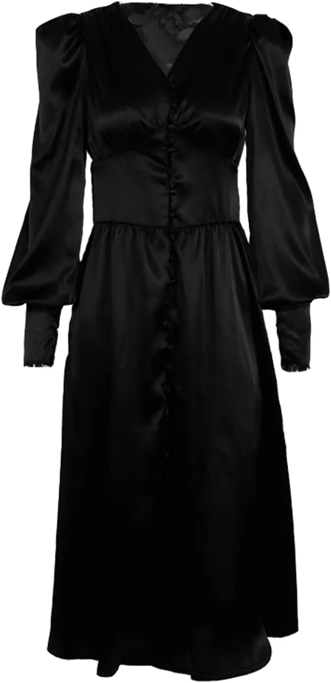Women's Satin Dress Long Lantern Sleeves Silk Cocktail Dresses for Party V Neck Evening Gowns for 2024