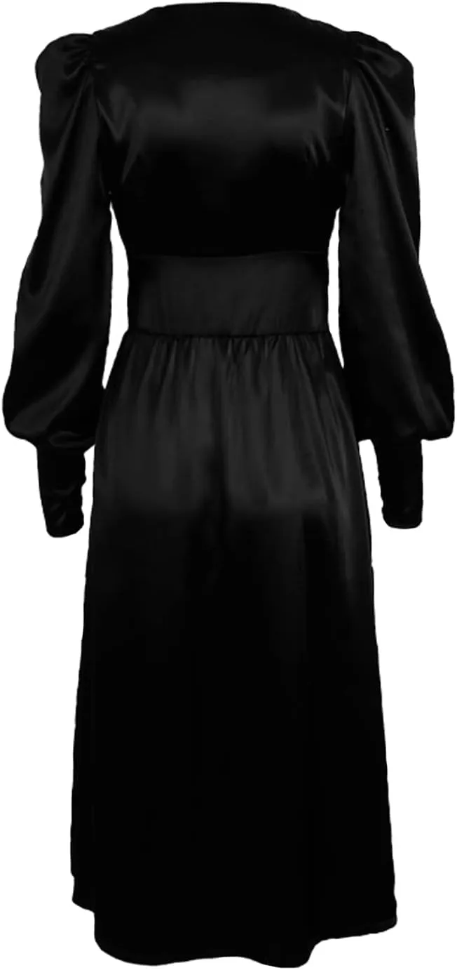 Women's Satin Dress Long Lantern Sleeves Silk Cocktail Dresses for Party V Neck Evening Gowns for 2024