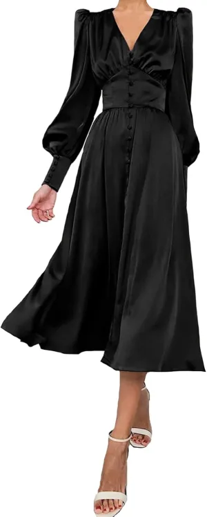 Women's Satin Dress Long Lantern Sleeves Silk Cocktail Dresses for Party V Neck Evening Gowns for 2024