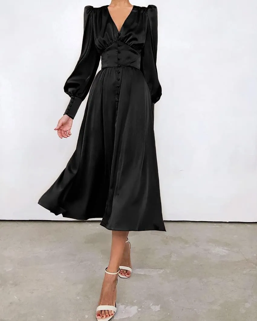 Women's Satin Dress Long Lantern Sleeves Silk Cocktail Dresses for Party V Neck Evening Gowns for 2024