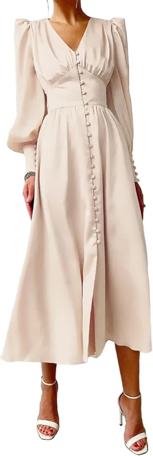 Women's Satin Dress Long Lantern Sleeves Silk Cocktail Dresses for Party V Neck Evening Gowns for 2024