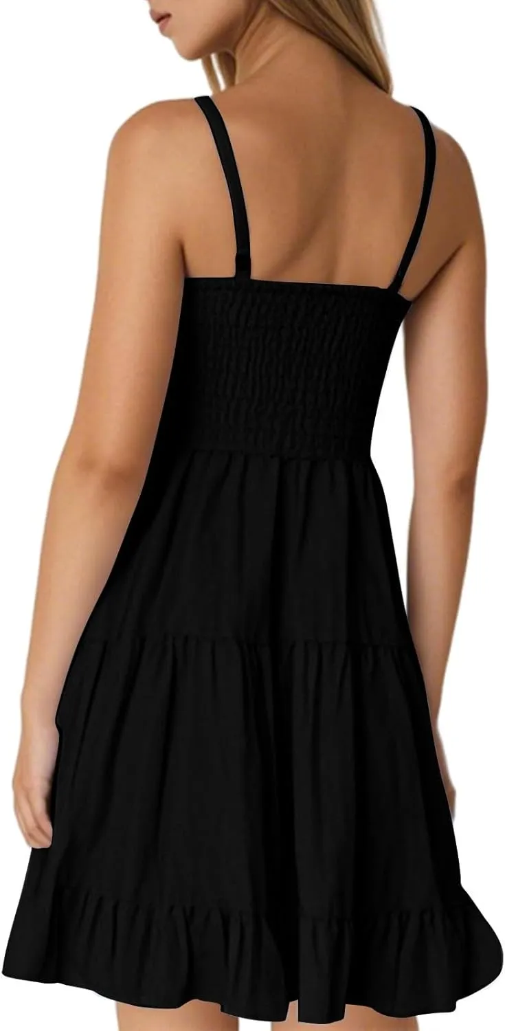 Womens Spaghetti Straps Mini Dress Sleeveless Summer V Neck Slip Dress Loose Fit Tiered Flowy Beach A Line Sundresses