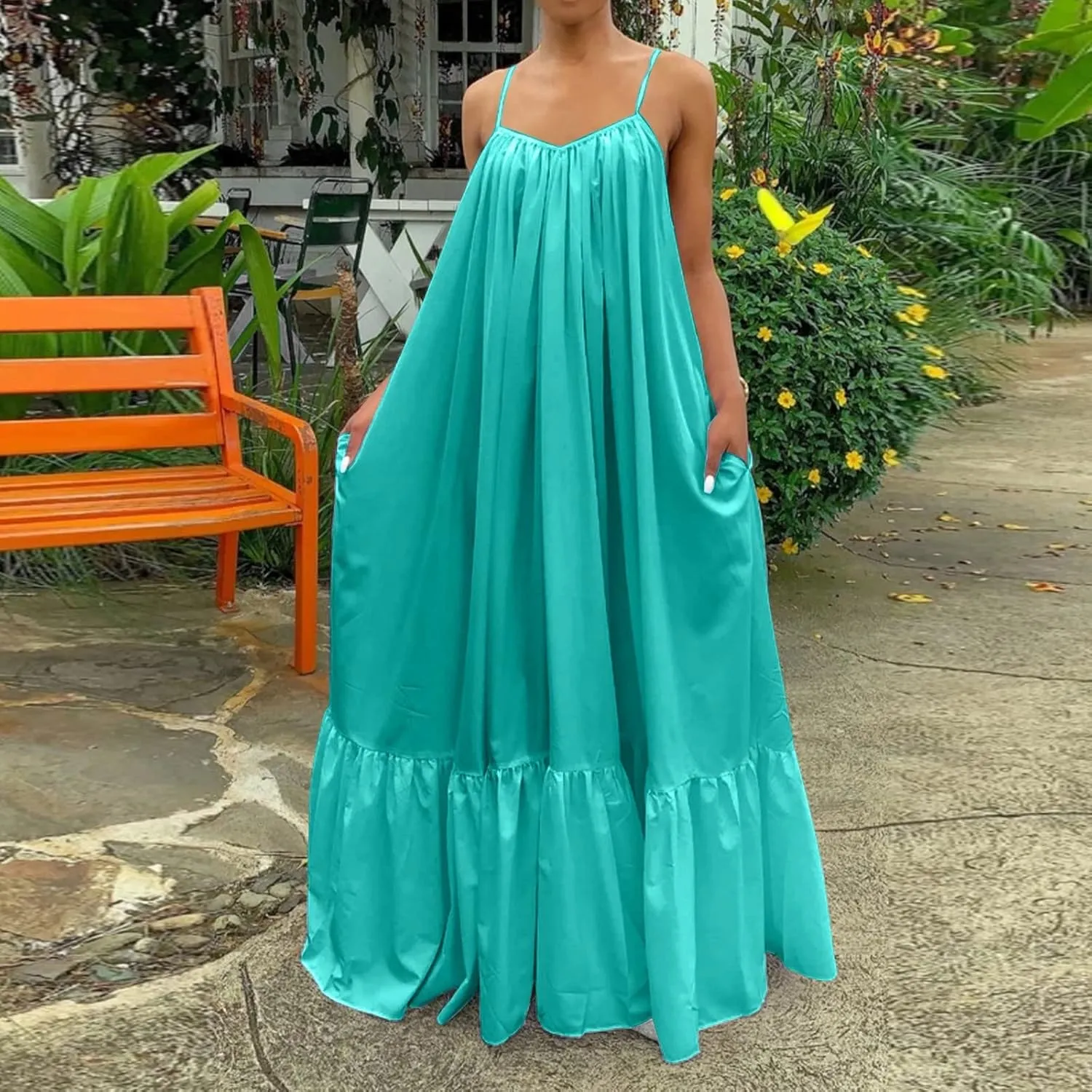 Women's Summer Casual Sleeveless Strappy Backless Maxi Dress Pleated Tiered Flowy Beach Vacation Long Dresses Sundress