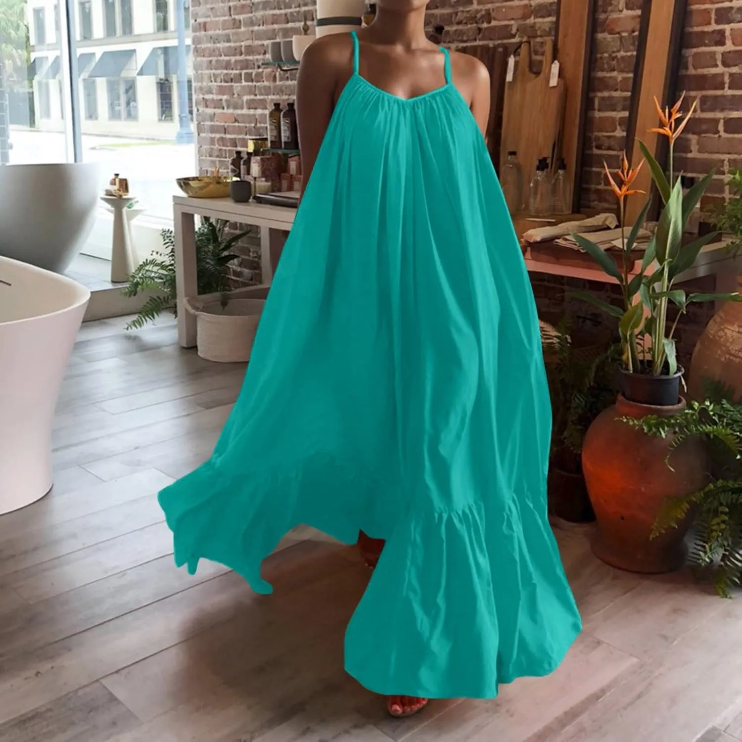 Women's Summer Casual Sleeveless Strappy Backless Maxi Dress Pleated Tiered Flowy Beach Vacation Long Dresses Sundress