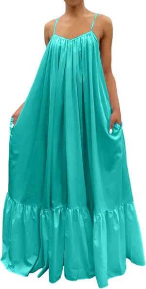 Women's Summer Casual Sleeveless Strappy Backless Maxi Dress Pleated Tiered Flowy Beach Vacation Long Dresses Sundress