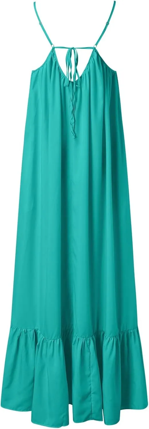 Women's Summer Casual Sleeveless Strappy Backless Maxi Dress Pleated Tiered Flowy Beach Vacation Long Dresses Sundress