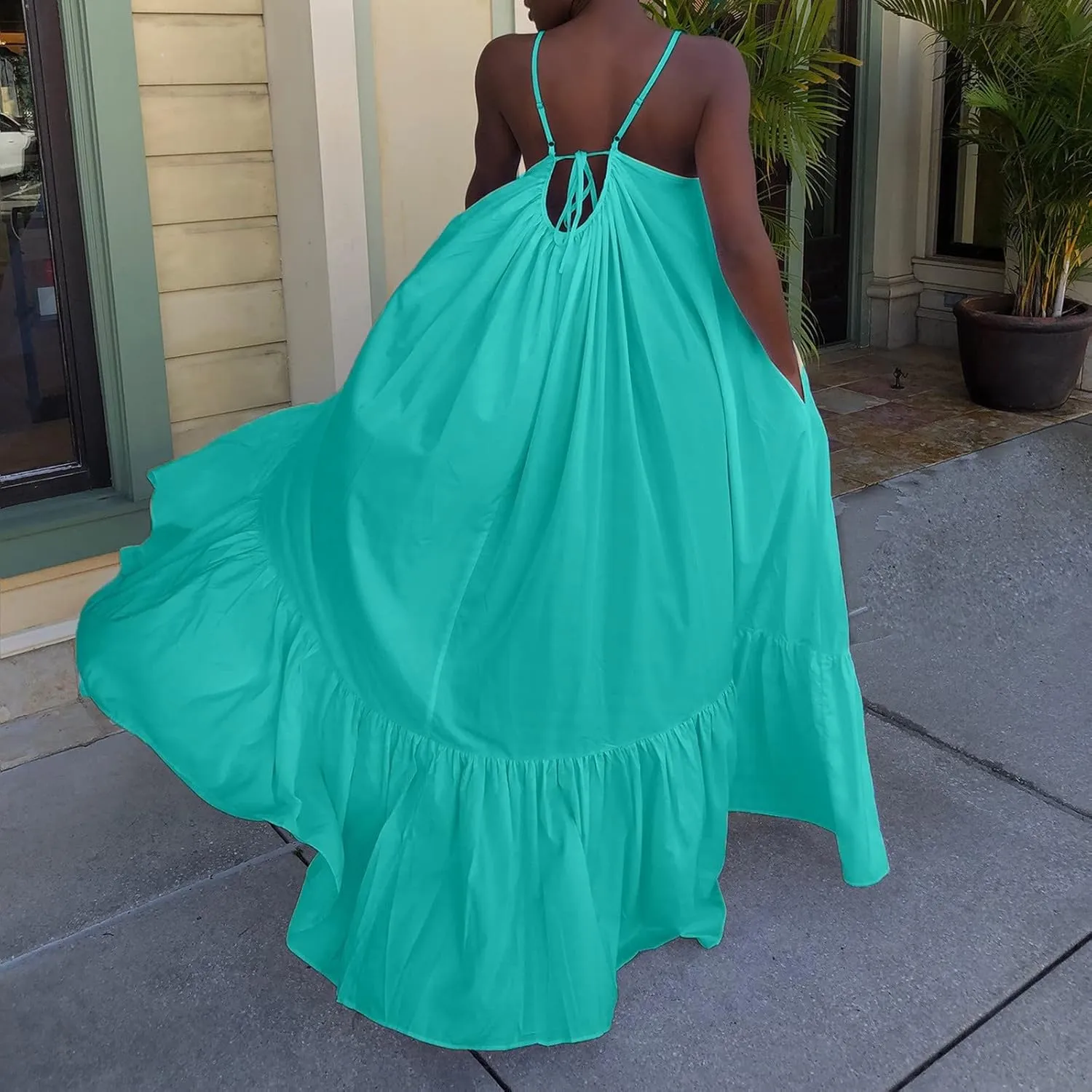 Women's Summer Casual Sleeveless Strappy Backless Maxi Dress Pleated Tiered Flowy Beach Vacation Long Dresses Sundress