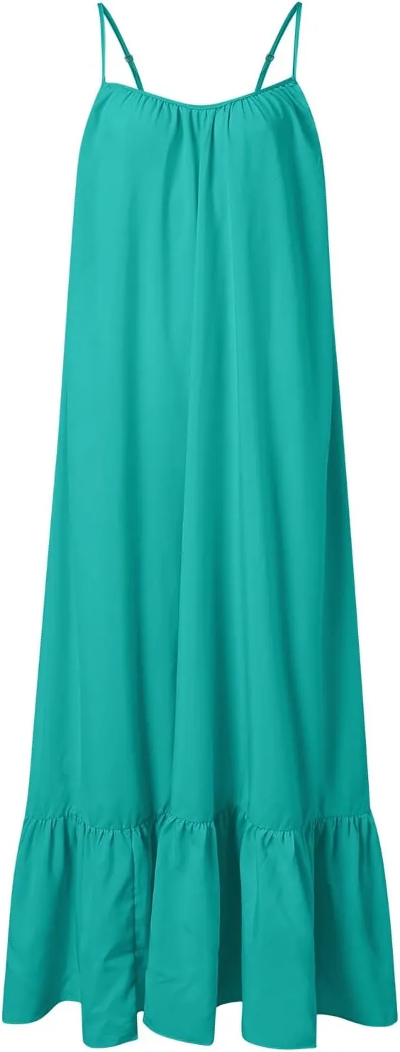 Women's Summer Casual Sleeveless Strappy Backless Maxi Dress Pleated Tiered Flowy Beach Vacation Long Dresses Sundress