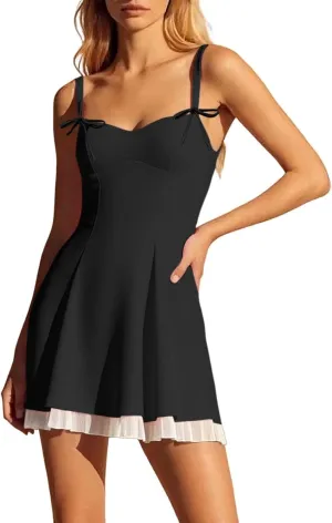 Women's Summer Corset Mini Dress Sleeveless Ruffle Backless Flowy Beach Dresses Spaghetti Straps Solid Casual Dress