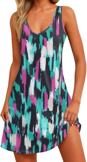 Womens Summer Dress 2025 Loose V Neck Sleeveless Sundresses Swimsuit Coverup with Pockets Casual Tank Dresses