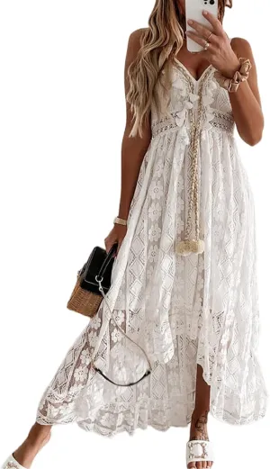 Women's Summer Dress V Neck Spaghetti Strap Sleeveless High Waist Bohemian Wedding Beach Casual Maxi Long Dresses