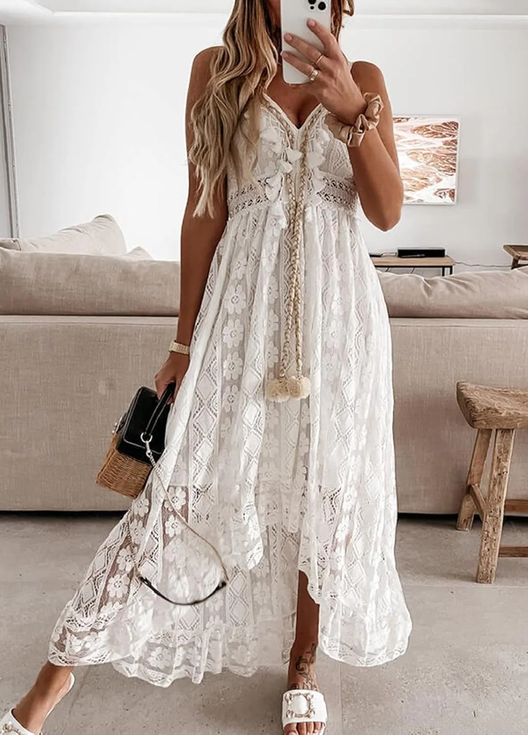 Women's Summer Dress V Neck Spaghetti Strap Sleeveless High Waist Bohemian Wedding Beach Casual Maxi Long Dresses