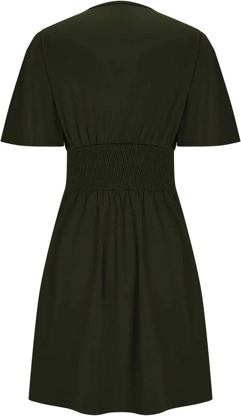 Womens Summer Dresses Ruffle Short Sleeve Wrap V Neck Ruched Waist Pleated A Line Short Mini Dress for Cocktail Party