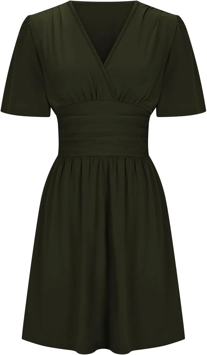 Womens Summer Dresses Ruffle Short Sleeve Wrap V Neck Ruched Waist Pleated A Line Short Mini Dress for Cocktail Party