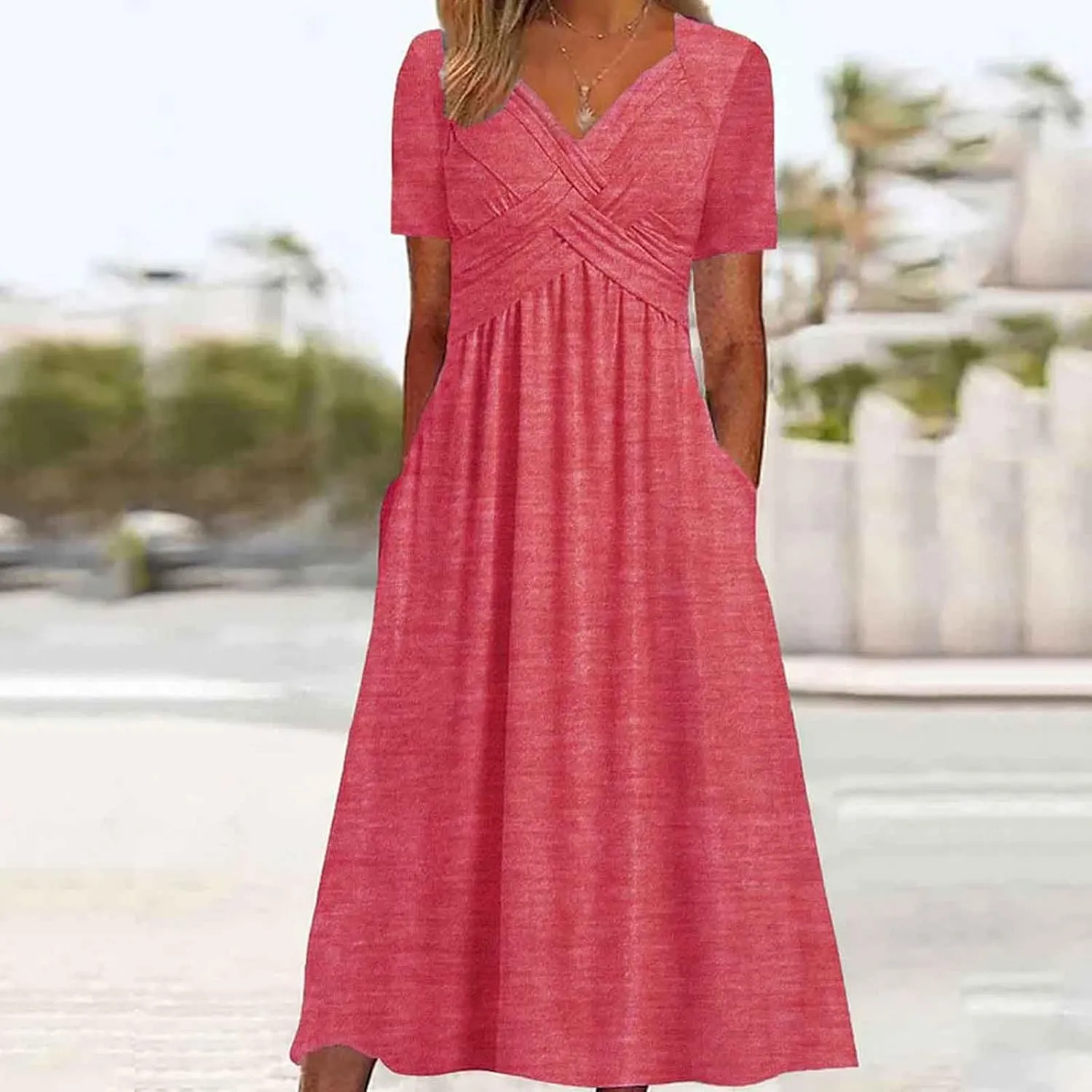 Women's Summer Maxi Dress 2025 Casual Short Sleeve Wrap V Neck Flowy Swing Plated Long Beach Sun Dresses with Pockets