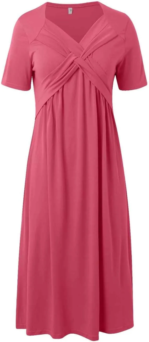 Women's Summer Maxi Dress 2025 Casual Short Sleeve Wrap V Neck Flowy Swing Plated Long Beach Sun Dresses with Pockets