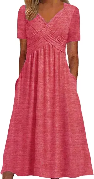 Women's Summer Maxi Dress 2025 Casual Short Sleeve Wrap V Neck Flowy Swing Plated Long Beach Sun Dresses with Pockets